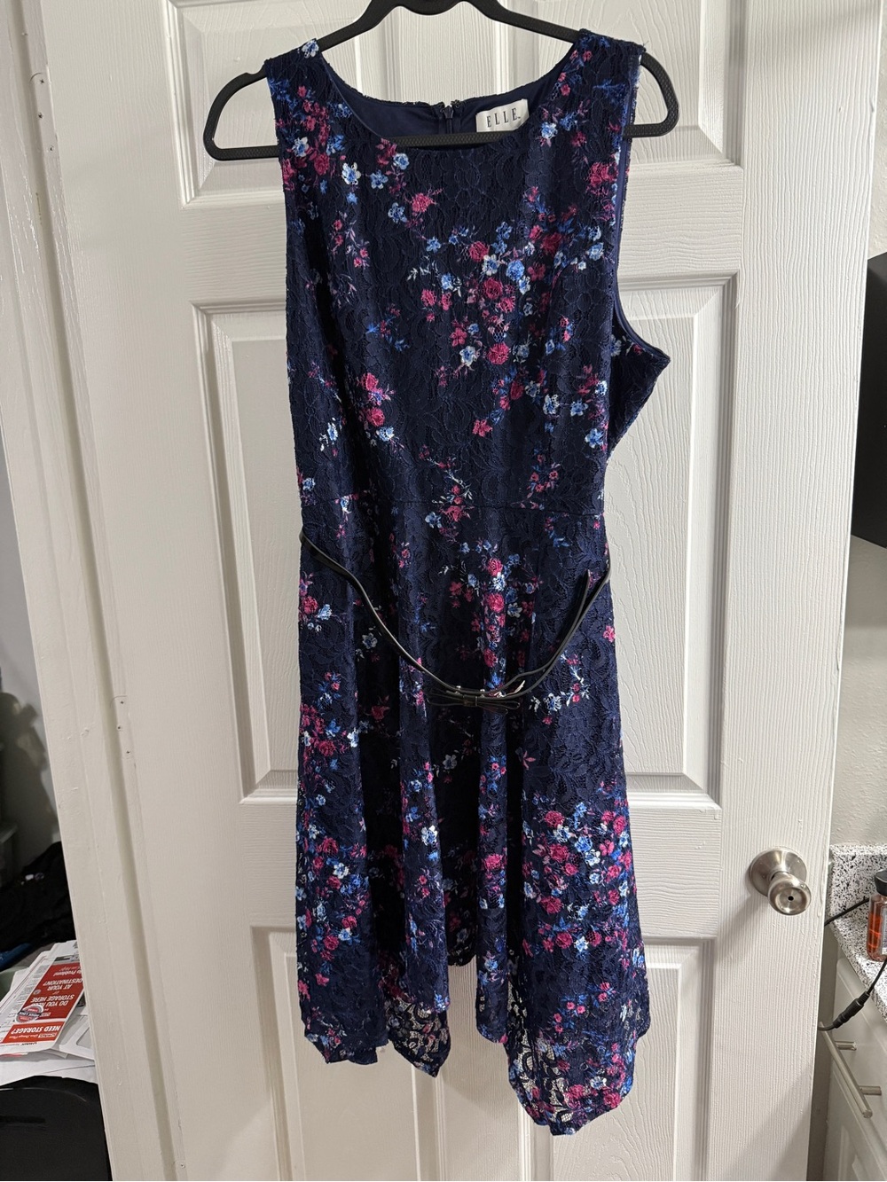 Elle Navy Floral Asymmetrical Dress with Pink & Light Blue Accents